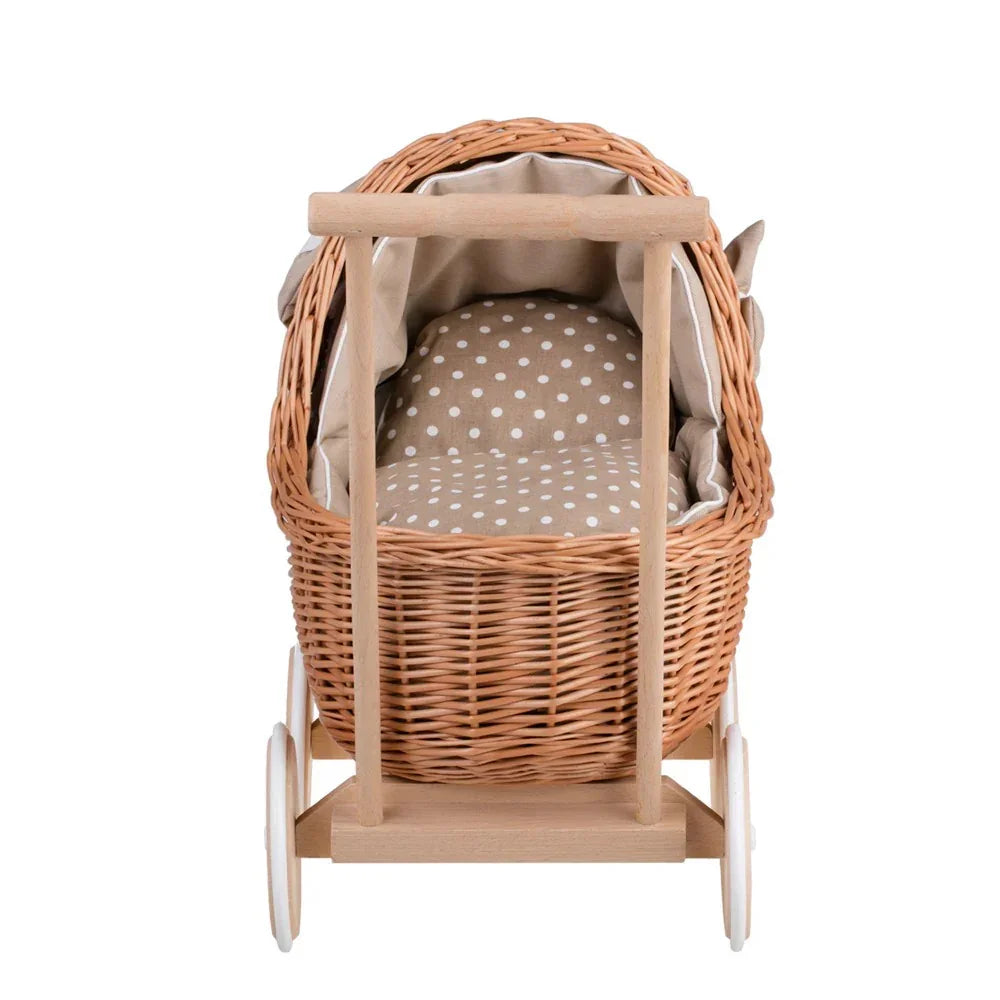 Passeggino in vimini per bambole Lili – Biancheria beige