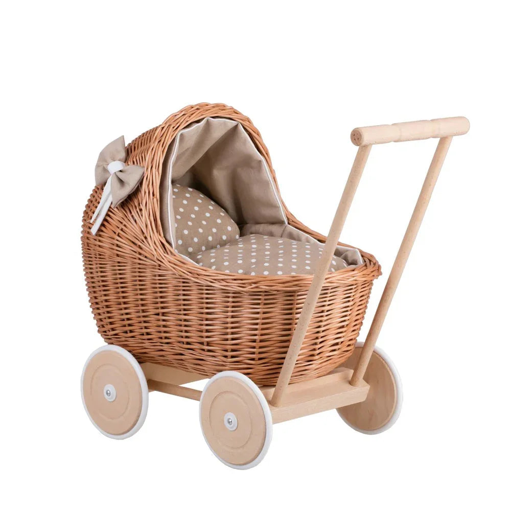 Cochecito de mimbre para muñecas Lili – Ropa de cama beige