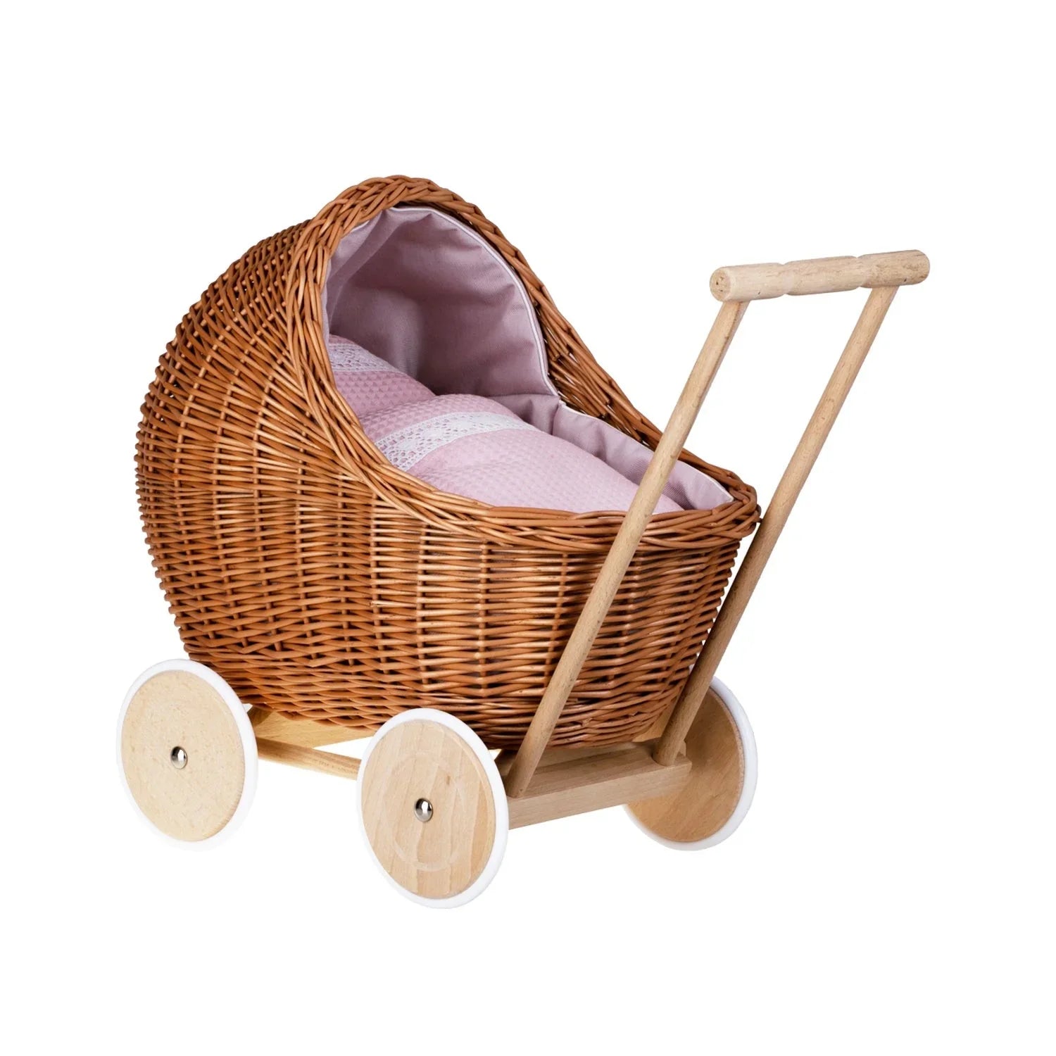 Cochecito de mimbre para muñecas Lili – Ropa de cama rosa