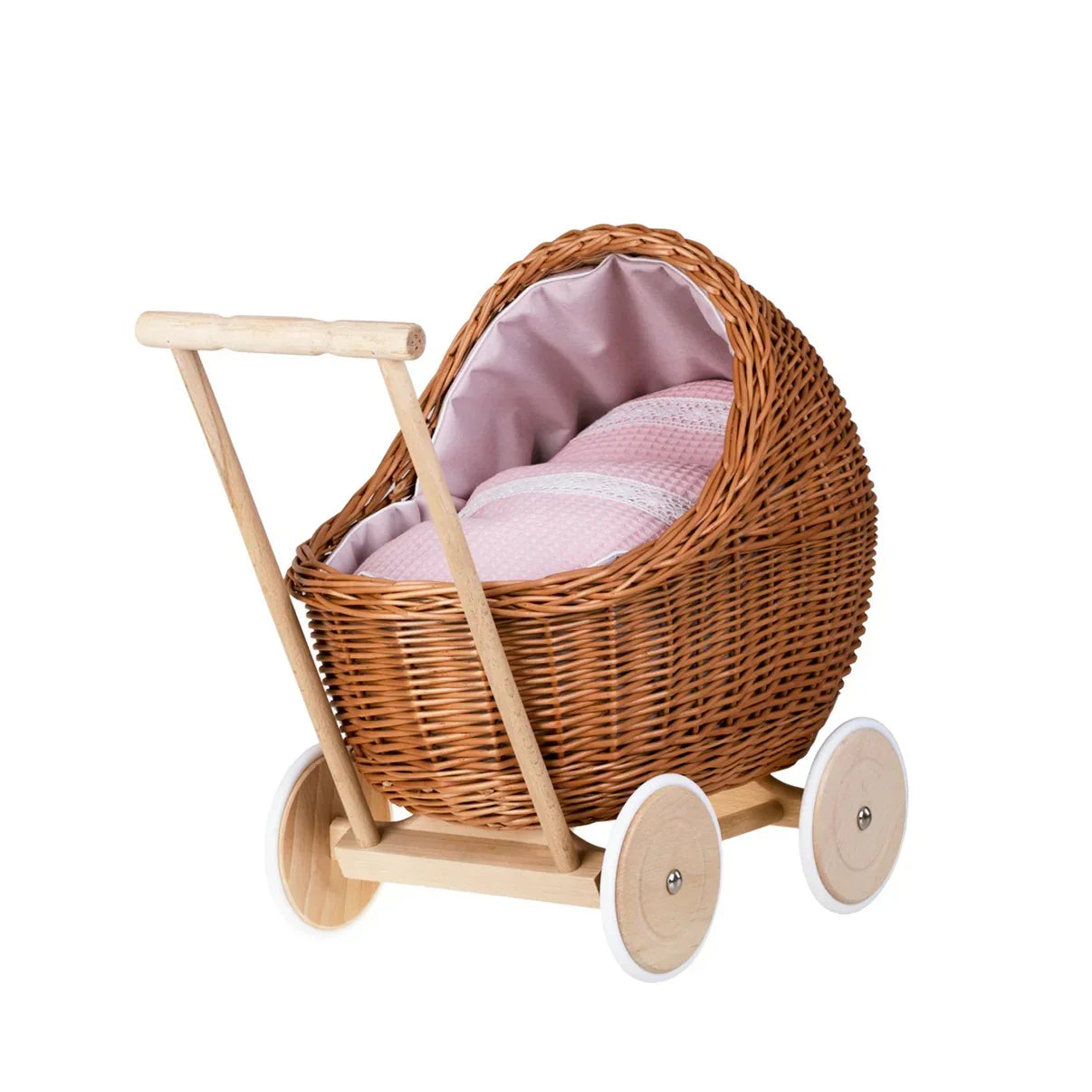 Passeggino in vimini per bambole Lili – Biancheria rosa