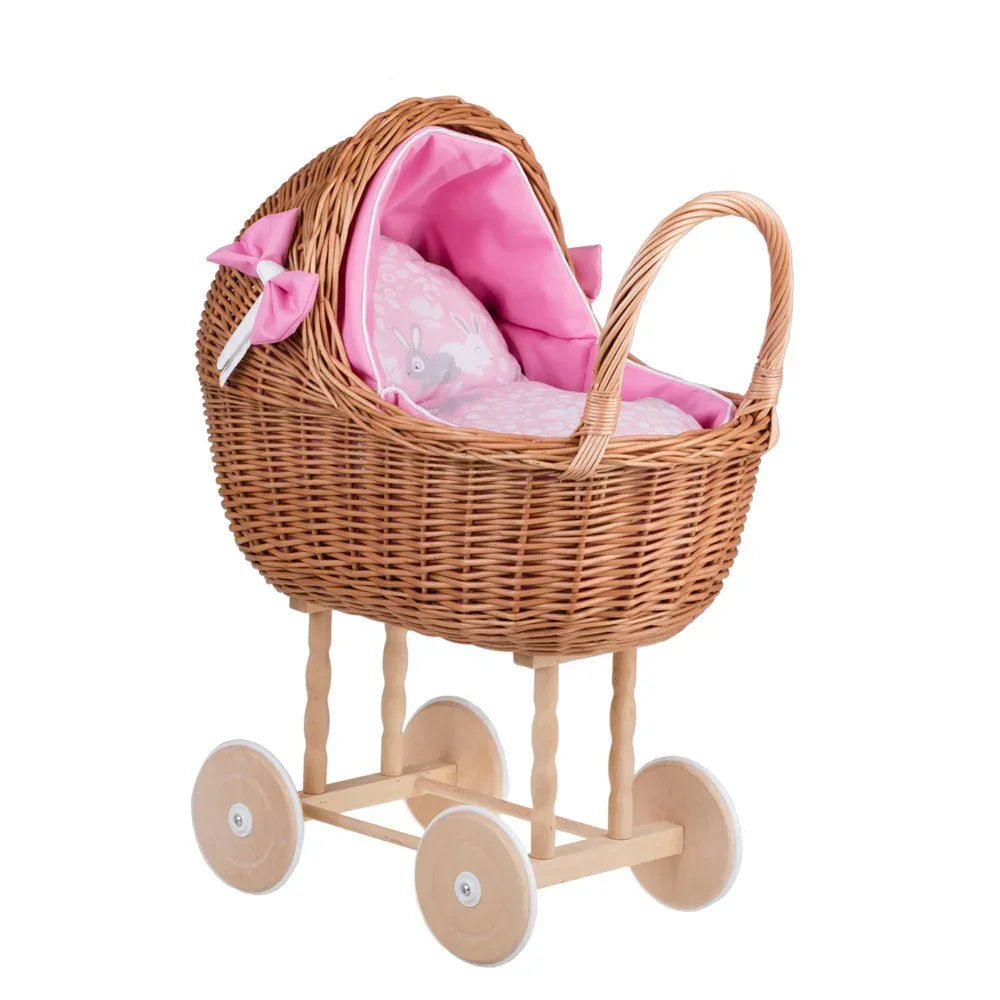 Cochecito de mimbre para muñecas Lena – Ropa de cama rosa