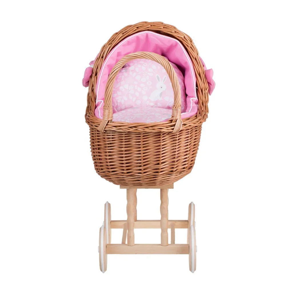 Poussette en osier pour poupée Lena – Literie rose