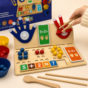 Close-up of wooden maths activity board with child using tongs, counting beads, felt fingers and addition equation tiles