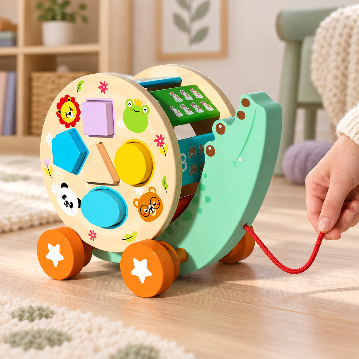 Wooden crocodile pull toy with shape sorting drum being pulled by its red cord in a calm playroom