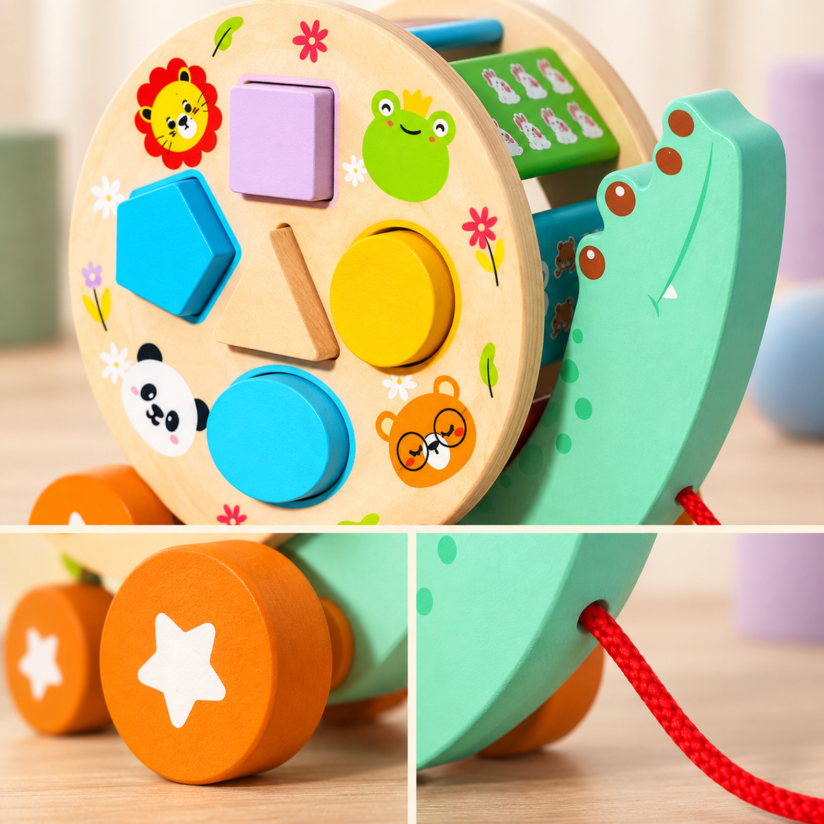 Close-up of wooden crocodile shape sorter showing colourful geometric blocks, animal illustrations, wheels and pull cord