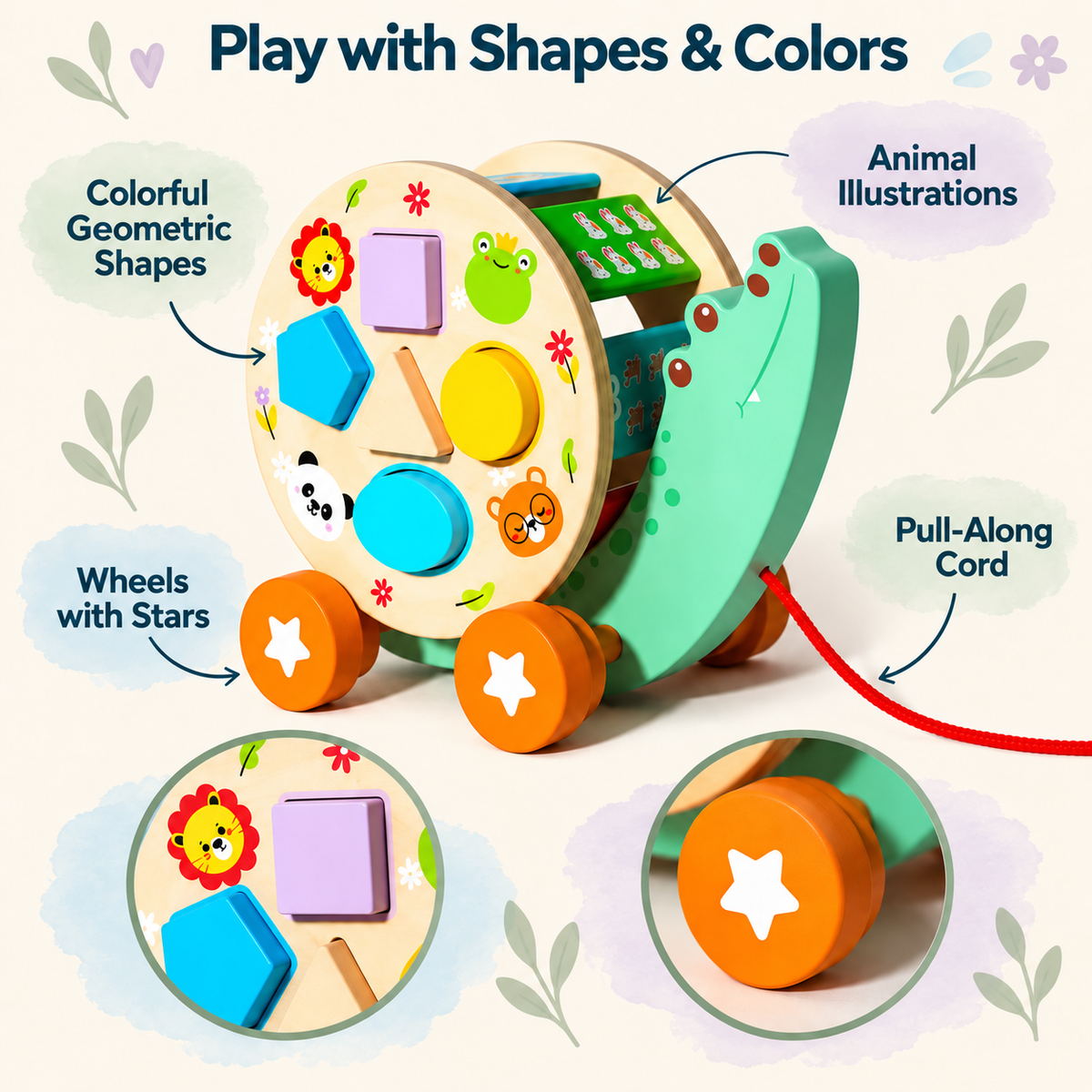 Wooden crocodile shape sorter infographic showing geometric shapes, orange star wheels, animal illustrations and pull-along cord