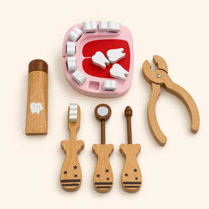 Wooden dentist role play set with mouth model, removable teeth, toothbrush, dental mirror and pretend tools