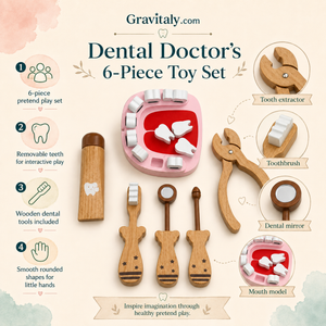 Gravitaly 6-piece wooden dentist toy set infographic with removable teeth, toothbrush, mirror and tooth extractor