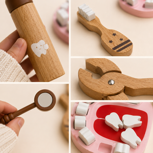 Close-up details of wooden dentist role play tools including toothbrush, dental mirror, tooth extractor and mouth model