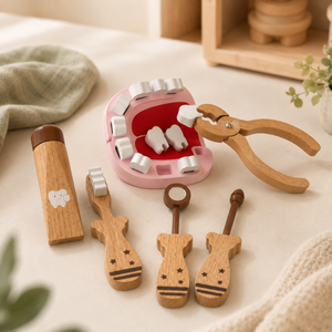 Wooden dentist toy set with removable tooth model, pretend extractor, toothbrush, mirror and dental tools