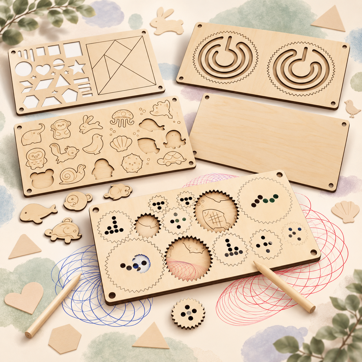 Wooden drawing and puzzle boards with animal stencils, geometric shapes and toothed wheels creating colourful spiral patterns