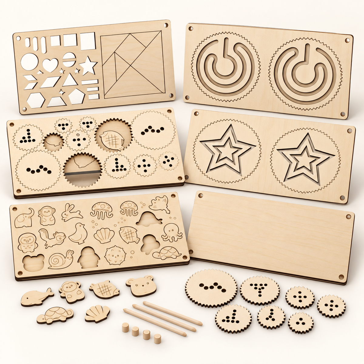 Wooden drawing stencil and puzzle activity set with six boards, animal pieces, geometric shapes, tangram and pattern drawing wheels