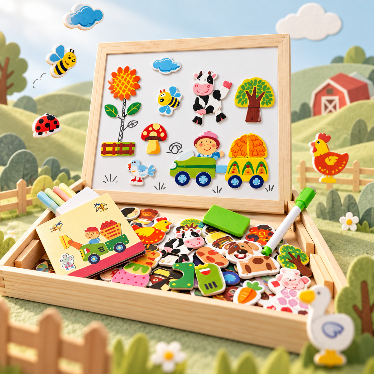 Wooden farm magnetic board with colourful animal and vehicle magnets arranged in playful countryside scene