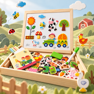 Wooden farm magnetic board with colourful animal and vehicle magnets arranged in playful countryside scene