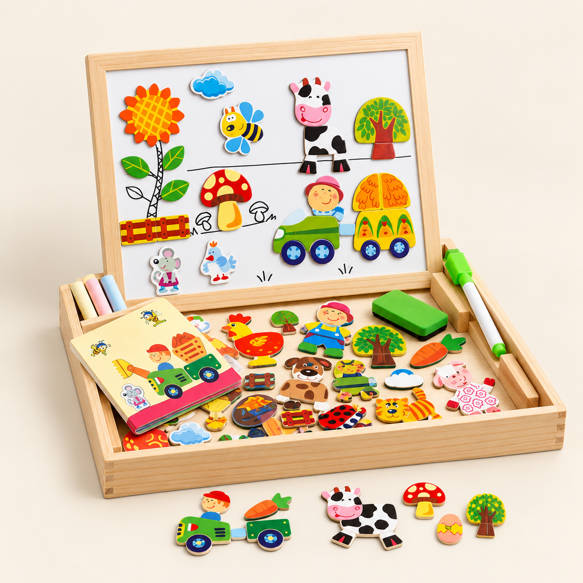 Wooden farm magnetic drawing board set with colourful animal magnets, marker, chalk, eraser and storage case