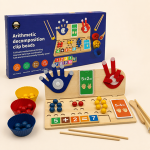 Wooden first maths activity set with counting beads, felt hands, number tiles, arithmetic cards, cups and wooden tools