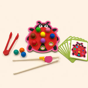 Wooden ladybug colour sorting game with colourful balls, two pincer tools and pattern challenge cards