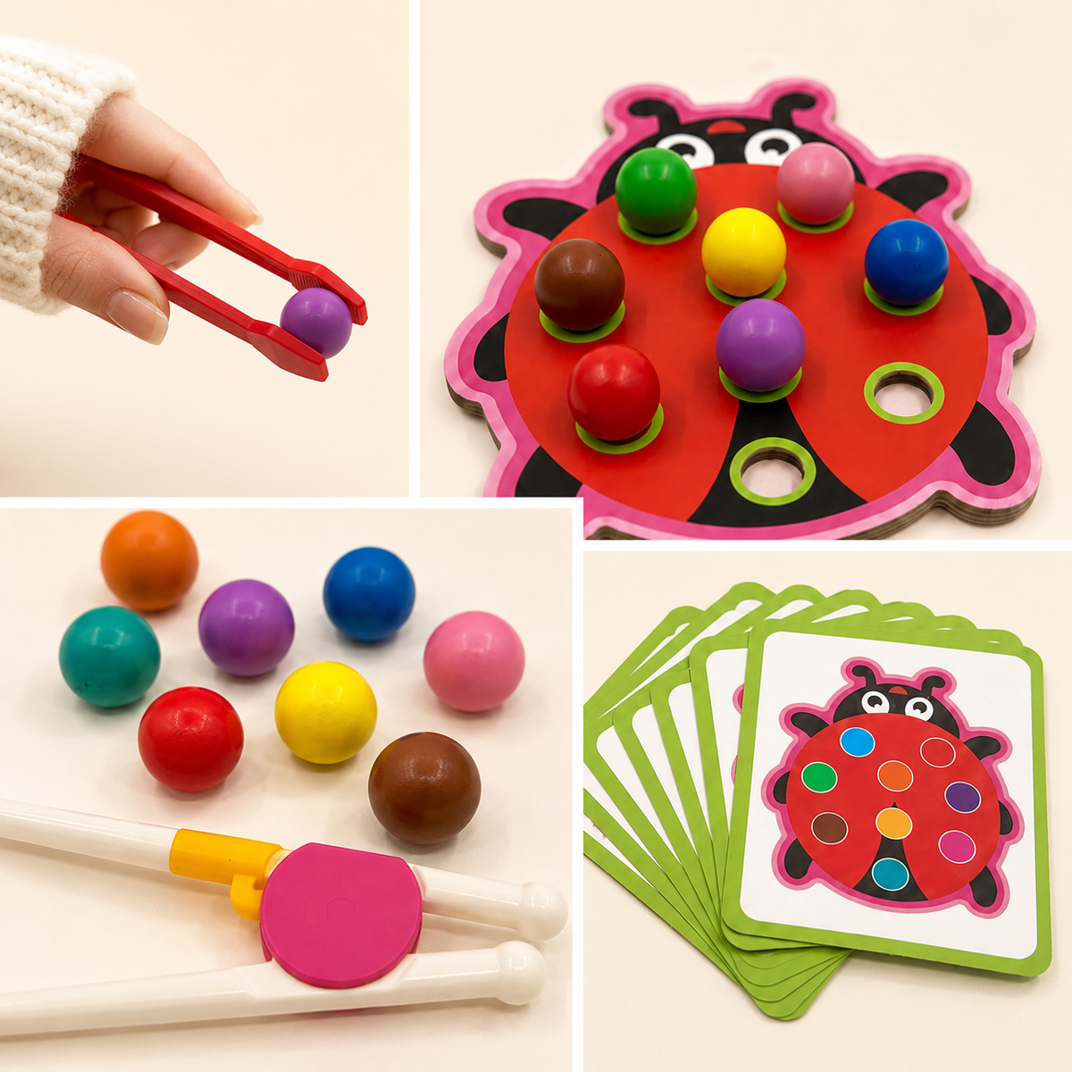 Close-up collage of wooden ladybug sorting game showing tweezers, coloured balls and pattern cards