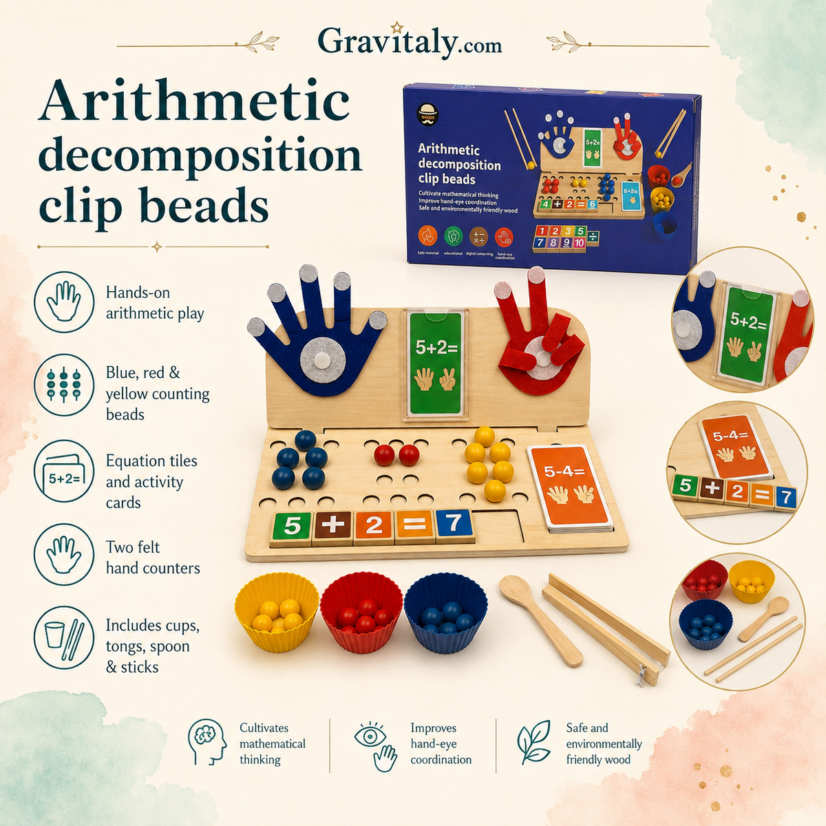Wooden arithmetic activity set infographic showing counting beads, felt hands, equation tiles, cards, cups and wooden tools
