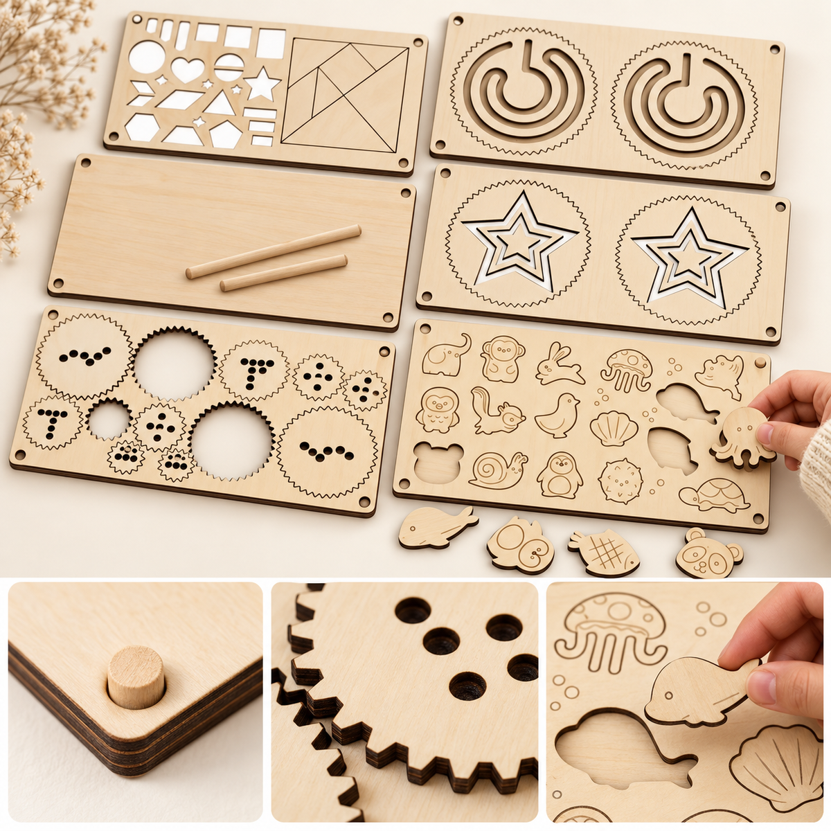 Wooden creative activity set showing shape stencils, star and circular pattern boards, animal matching pieces and detailed wooden components