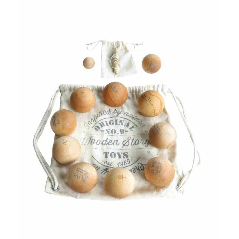 Wooden number balls counting game with natural pieces and cotton drawstring bag, designed for Montessori-inspired learning and screen-free play.