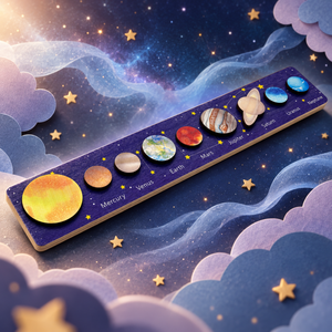 Wooden Sun and eight planets puzzle displayed in imaginative starry space setting
