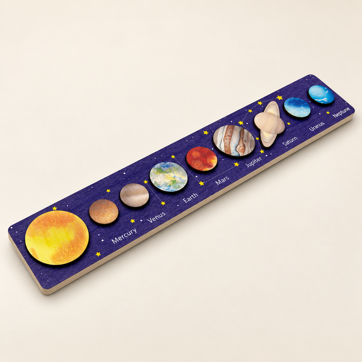 Wooden Solar System puzzle with removable Sun, Mercury, Venus, Earth, Mars, Jupiter, Saturn, Uranus and Neptune pieces