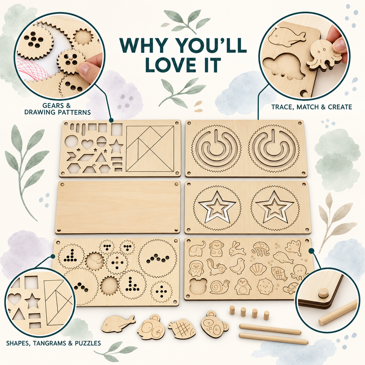Wooden Montessori activity set showing gear drawing patterns, animal matching, geometric shapes, tangram and tracing activities