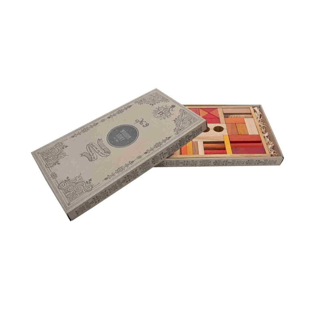 Wooden Story 54-piece warm colour wooden blocks in solid storage box with illustrated cardboard packaging