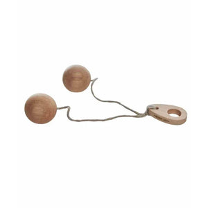 Wooden Story Bon Bon Ball wooden rhythm toy with two natural wood balls and handle on white background