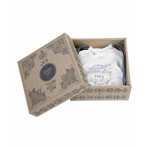 Jeu de blocs d'histoires en bois dans une boîte cadeau éco-carton avec sac de rangement en coton, conçu pour un jeu Montessori sans écran.