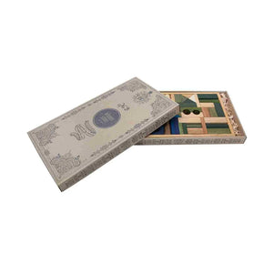 Wooden Story cold colour 54-piece wooden block set inside illustrated recyclable cardboard packaging