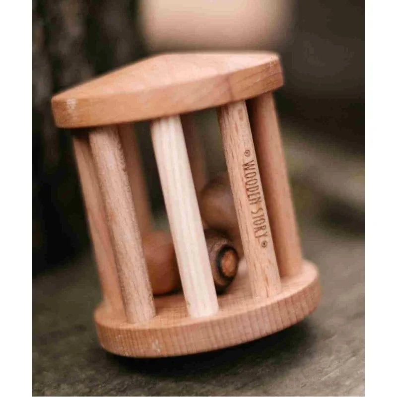 Close-up of Wooden Story Turtle Dove rattle showing natural wooden bars and internal wooden pieces