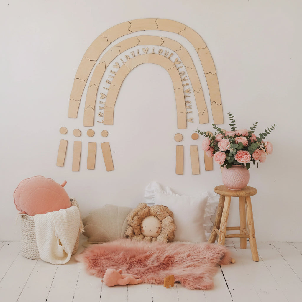Handgefertigtes Wand-Regenbogendekor aus Holz mit „love“-Schriftzug für ein natürliches Flair